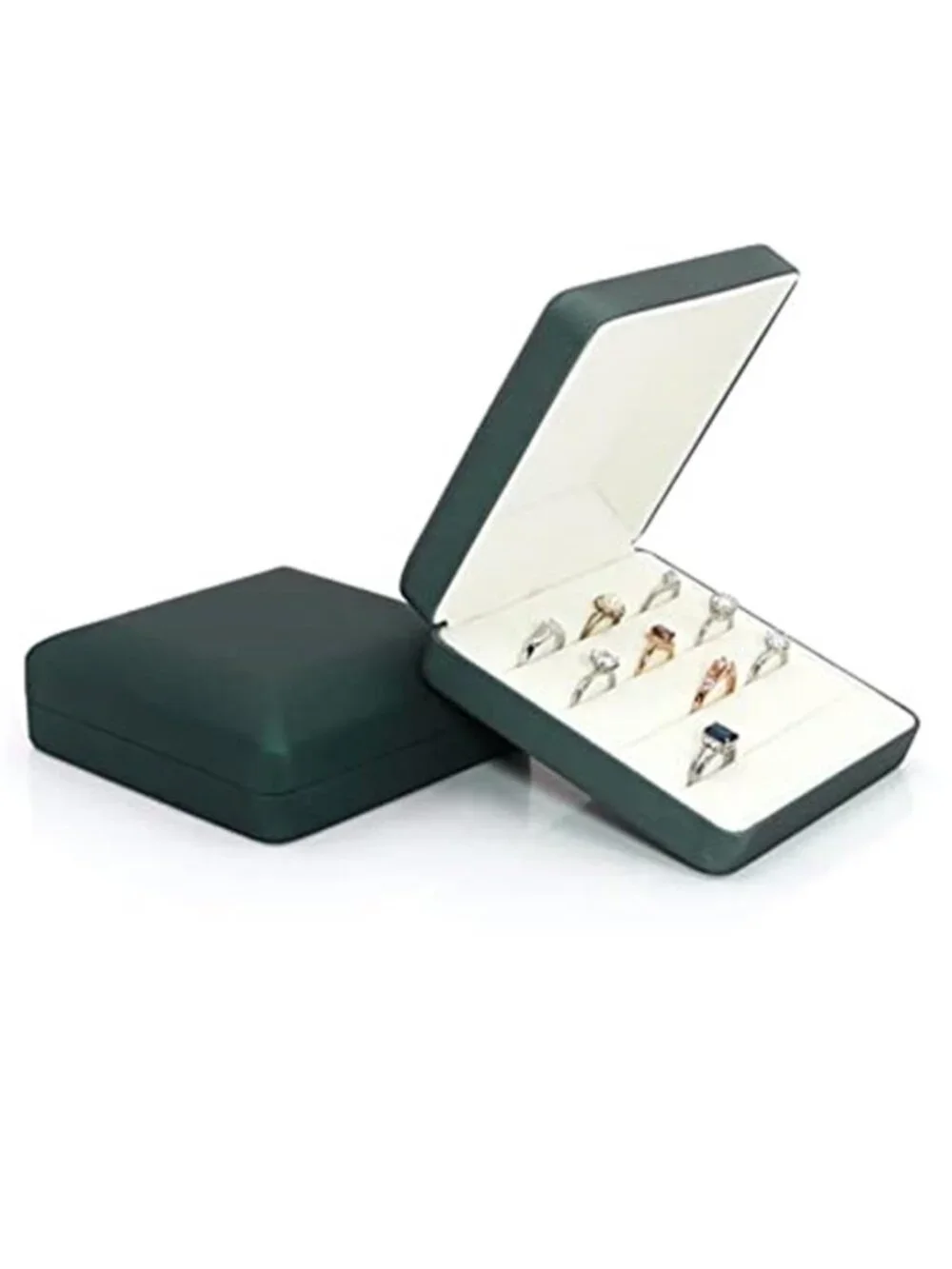 Green Faux Leather Ring Organizer Box Travel Jewelry Holder Storage Tray Women